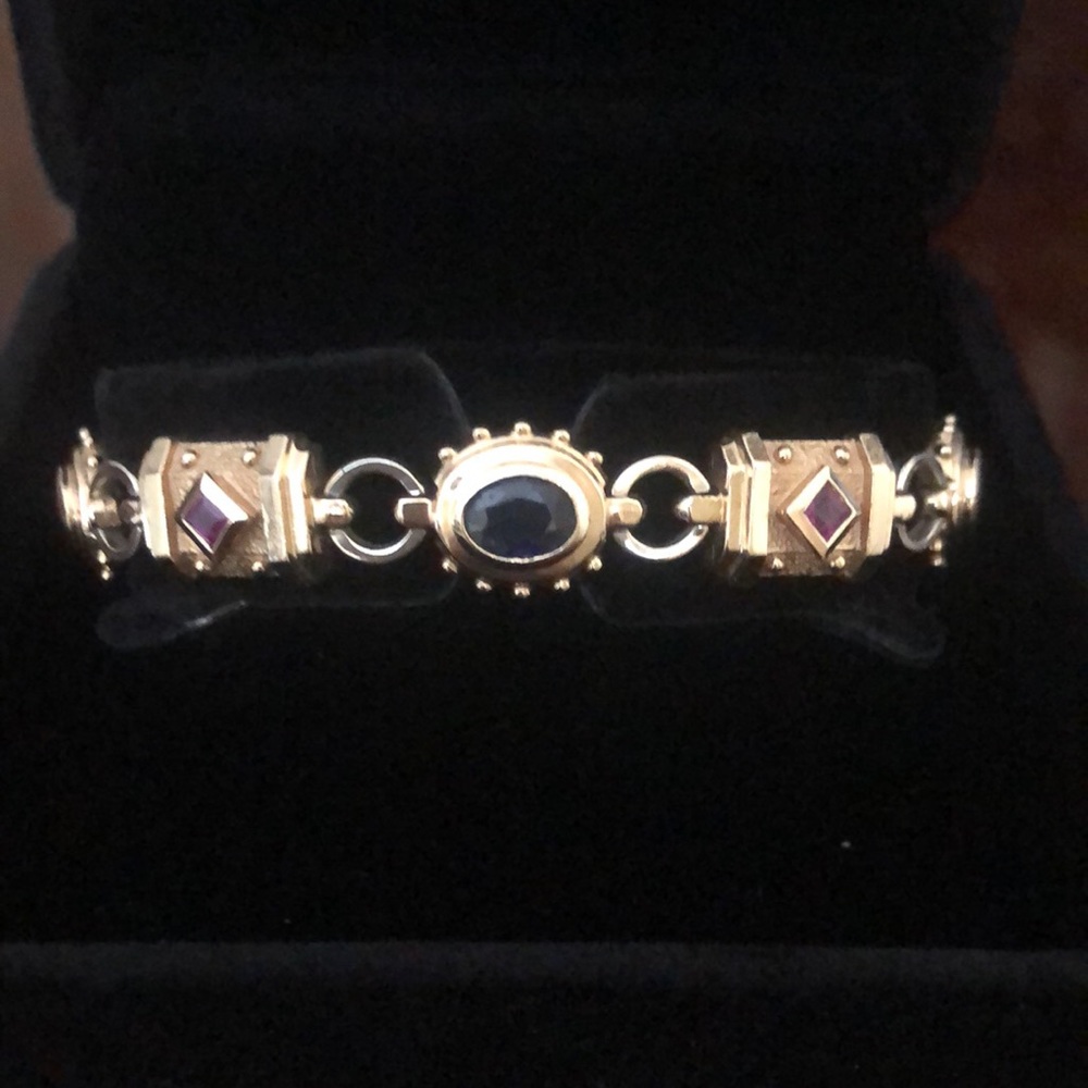 🌷Etruscan Revival Statement Bracelet Multi Colored Gemstones 14K Gold - Picture 2 of 16